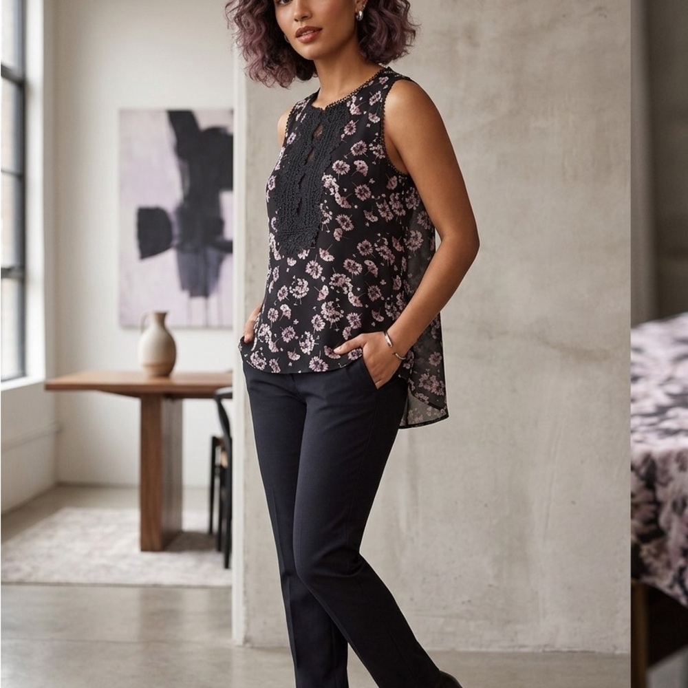 White House Black Market Black Floral Sleeveless Top
